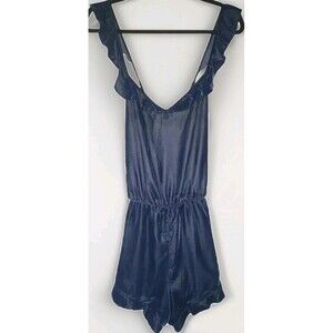 Victoria Secret Velour Romper Womens Small Navy Ruffle Trim Criss Cross Back